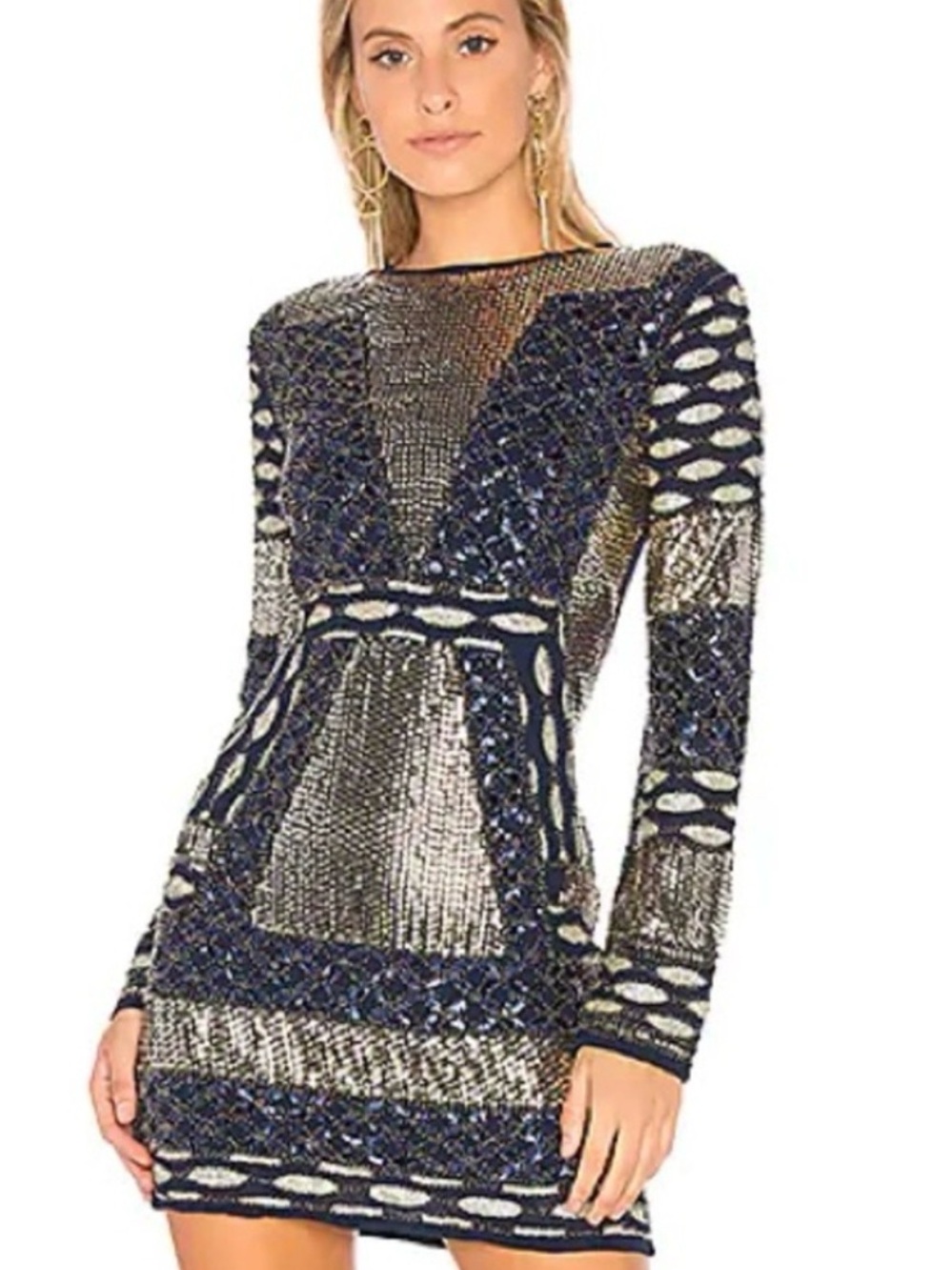 Metallic Navy & Silver Long-Sleeve Knit Mini Dress